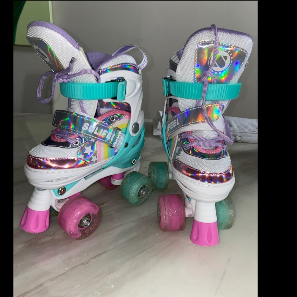 Rainbow Unicorn 4 Size Adjustable Light up Roller Skates for Girls Boys for Kids